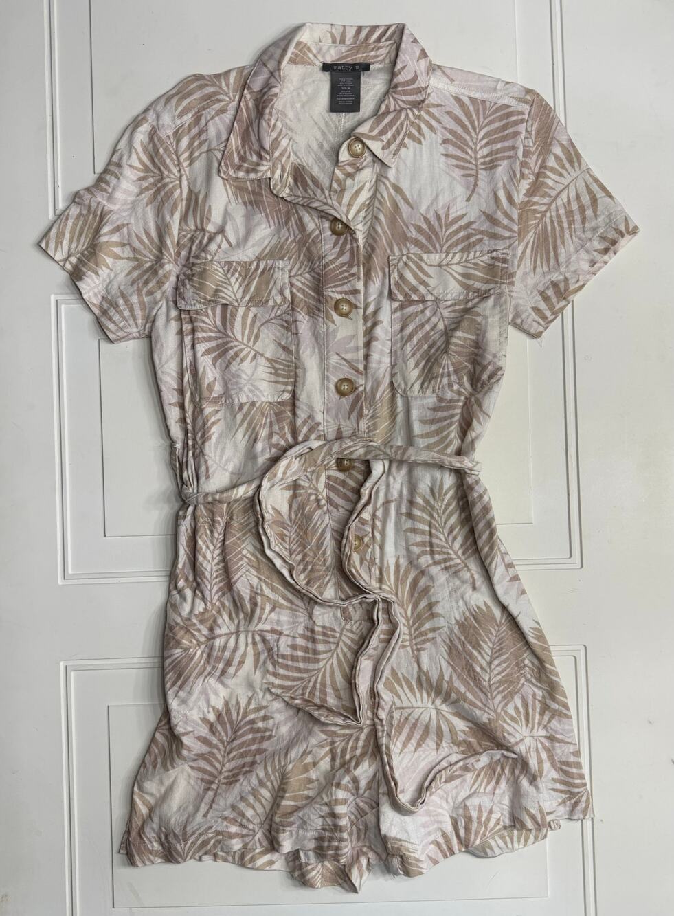 Matty M Womens Sz M Tan White Tropical Linen Blend Belted Romper